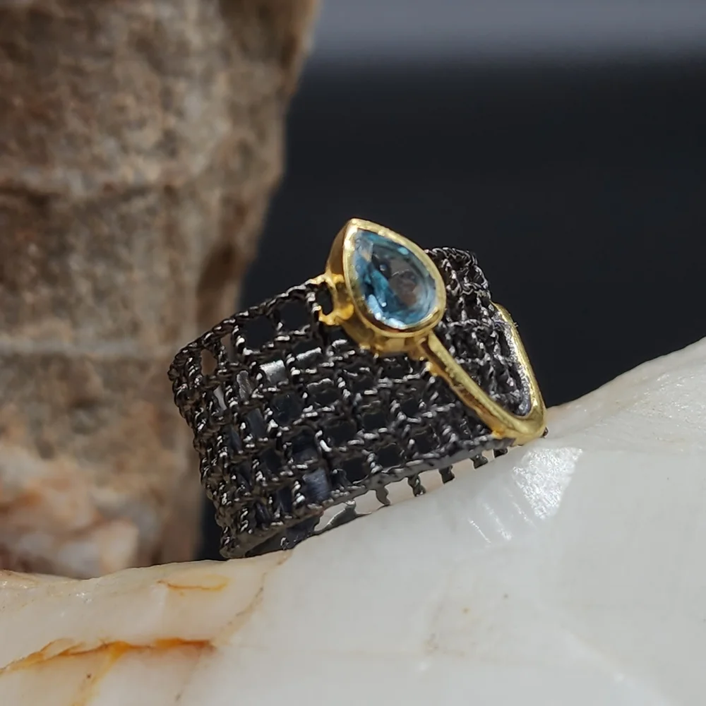 Sterling Silver 925 Black Rhodium 14k Gold Ring Genuine Blue Topaz